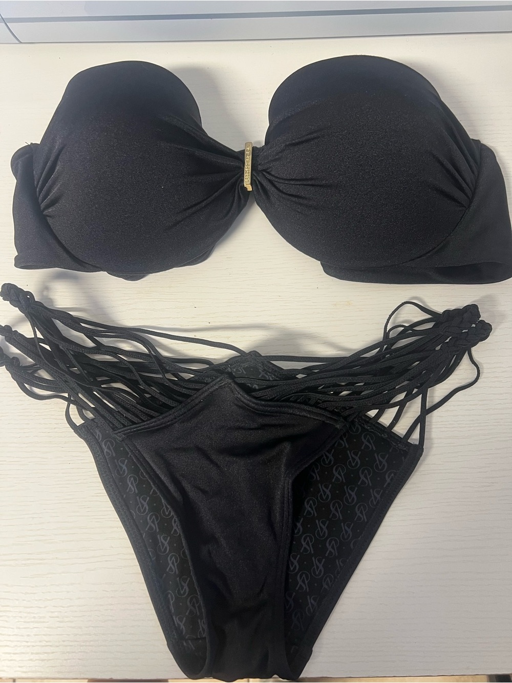 Victoria's Secret Black Strapless Bikini Set with Gold Accent